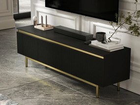 Ryflowana szafka RTV Selene 140 cm, czarna na złotych nóżkach