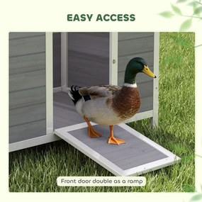 PawHut Domek dla kaczek odporny na warunki atmosferyczne z drewna z wyjmowanym spodem, przesuwanymi oknami, otwieranym dachem asfaltowym, 93x70x72cm, szary | Aosom PL