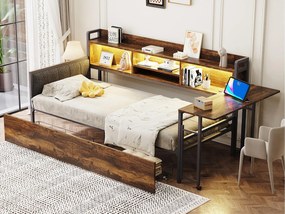 Sofa rozkładana 90x200 cm - z oświetleniem LED - z 2 szufladami - gniazdko elektryczne - składane biurko - naturalny (materac nie jest w zestawie)