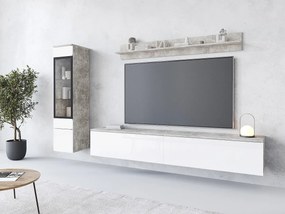 Zestaw mebli do salonu 3 elementy z LED – szafka RTV 180 cm witryna i półka, korpus beton mat, fronty biały połysk