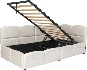 Sofa rozkładana 90x200 cm z pojemnikiem na pościel i stelażem, port USB - beżowy aksamit (bez materaca)
