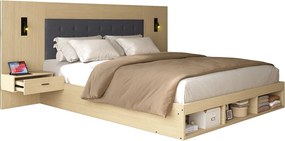 Łóżko małżeńskie 180x200cm - z 2 stolikami nocnymi - portami USB i Type-C - z lampką do czytania - Jasny dąb​ (materac nie jest wliczony w cenę)