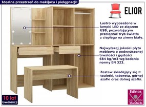 Nowoczesna toaletka z taboretem i szafkami dąb sonoma - Reeva
