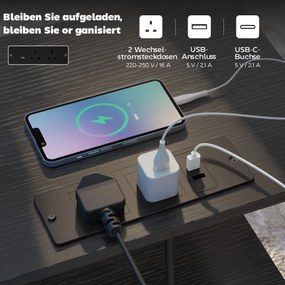 HOMCOM Stolik kawowy/Stolik boczny ze stacją ładującą, stalowa rama, porty USB-C, szuflady, haczyki, 40cm x 30cm x 60cm Czarny | Aosom PL