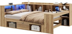 Rozkładana sofa 140x200cm - z LED i portem USB - Z biurkiem, 1 szufladą i półkami - MDF - Naturalny