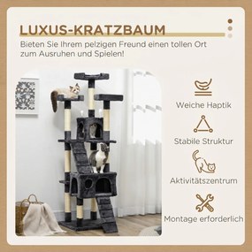 PawHut Drapak 173 cm wieża dla kota z kryjówką, słupy z sisalem, duża platforma, wielopoziomowy, ciemnoszary | Aosom PL