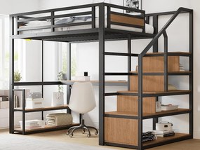 Łóżko mezzanine metalowe 140x200 cm - z drabiną do przechowywania i biurkiem - Czarne