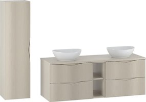 Zestaw do Łazienki 140cm Szafka Regał Blat Umywalka Słupek Ryflowane Fronty  Beż Piaskowy Cleo