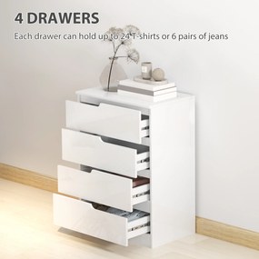 HOMCOM Nowoczesna Komoda, Szafa z 4 szufladami, Płyta wiórowa, Biała, Zabezpieczenie przeciwwypadowe, Podkładki, Biały Połysk
