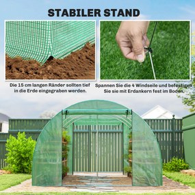 Outsunny Szklarnia ok. 4 x 3 x 2 m, szklarnia foliowa z rolowanymi drzwiami, 2 drzwi na zamek &amp; 8 okien z siatką, pręty podporowe, zielona | Aosom PL