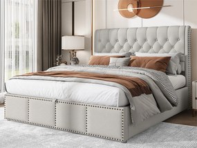 Łóżko ze schowkiem i zagłówkiem - 140 x 200 cm - bawełna-len - stelaż z listew - styl nowoczesny - szaro-biały