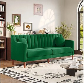 Kanapa 3-osobowa z weluru - nogi z litego drewna 19cm - z 2 poduszkami - 206x74x83cm - Zielony