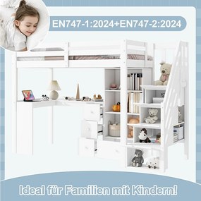 Łóżko piętrowe 90 x 200 cm z biurkiem, szufladami i szafką - Sosna + MDF - Białe (bez materaca)