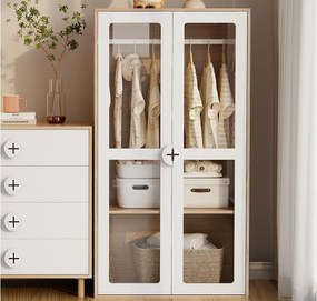 Szafa dziecięca 80x50x150 cm - 2 szklane drzwi - z wieszakiem na ubrania - regulowane półki - biały + naturalny