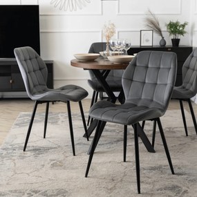 Zestaw Stół Okrągły Rozkładany DORIAN 80-160 cm Dąb Rustykalny/Czarny i 6 Krzeseł Tapicerowanych do Jadalni LUCKY Szare Welurowe