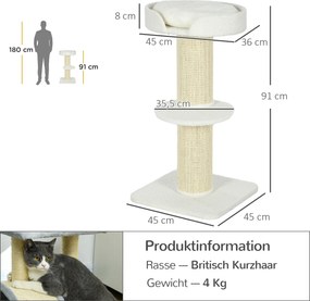 PawHut Drapak dla kota 91 cm z lektrą i platformą, lama kremowa