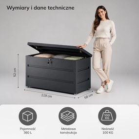 Metalowa skrzynia ogrodowa Carrie 360 litrów, 119 × 58 × 52 cm, kolor antracyt