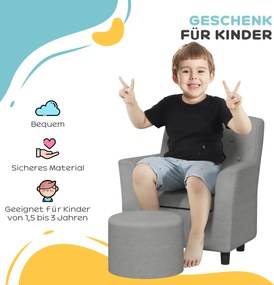 AIYAPLAY Fotel dla dzieci z pufem, oparcie w wzór w romby, miękkie siedzisko, drewniana rama, Szary