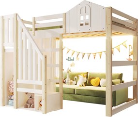 Łóżko piętrowe dla dzieci - 140 x 200 cm - z oświetleniem LED + drabinka ze schowkiem - kształt okna - drewno - białe + naturalne