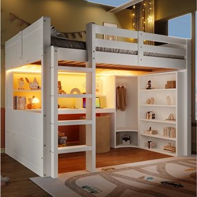 Łóżko piętrowe dla dzieci - 140 x 200 cm - z oświetleniem LED + szafa + biurko + szuflady + półka - drewno - białe
