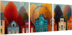 Obraz - Malowane jesienne miasto (z zegarem) (90x30 cm)