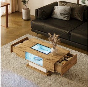Stolik kawowy z 2 szufladami i przegródką - 110,2 x 60 x 39,7 cm - diody LED - drewno MDF - naturalny