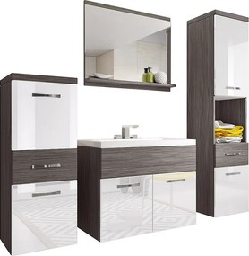 Nowoczesne meble łazienkowe, wiszący zestaw z umywalką, lustrem i słupkami, korpus bodega mat / fronty biały połysk