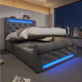 Łóżko z pojemnikiem 90 x 200 cm - Łóżko pojedyncze z ładowaniem USB i oświetleniem LED - szary aksamit - bez materaca