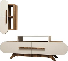 Nowoczesna szafka RTV z półką ścienną – 145 x 49,8 x 36,8 cm – Orzech i krem ​​– Melamina