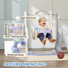 AIYAPLAY 4 w 1 Kryty plac zabaw, zestaw zjeżdżalni i huśtawki dla małych dzieci, kosz do koszykówki, design rakietowy, plastik, Jasnoniebieski