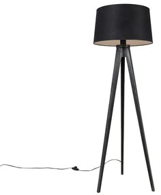 Lampa stojąca na statywie czarna z abażurem z lnu czarnego 45 cm - Tripod Classic klasyczny/Antyczny Oswietlenie wewnetrzne