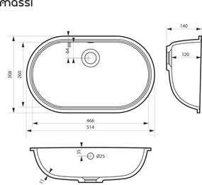 Massi Umywalka podblatowa owalna biała z konglomeratu RONA Oval 51 cm| Różne kolory