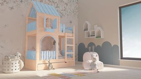 Łóżko piętrowe domek Marulla 115P z połową dachu, drabinką, owalnymi oknami i płotkiem