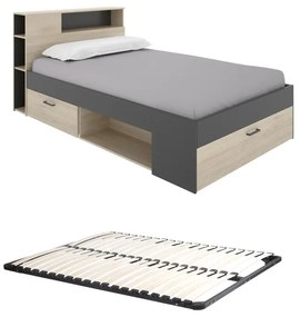 Łóżko z zagłówkiem  ze skrzynią i i szufladami - 120 x 190 cm - Naturalny i antracytowy + Stelaż - LEANDRE