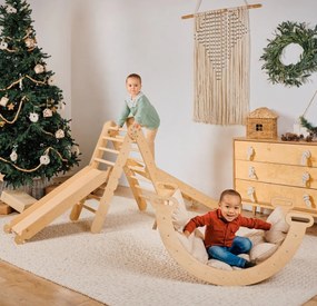 5 w1 Zestaw Wspinaczkowy Montessori dla Dzieci : Drabinka Pikler + Bujak + Zjeżdżalnia + Siatka + Poduszka