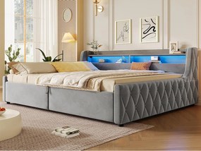 Sofa rozkładana z pojemnikiem 140 × 200 cm - z pojemnikiem i oświetleniem LED - tkanina welurowa + MDF - szary (materac nie w zestawie)