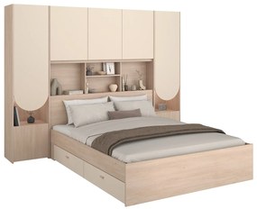 Łóżko z antresolą 140 x 190 cm ze schowkiem  - Z oświetleniem LED - Kolor: Beżowy i naturalny - DOMELITO