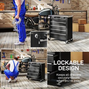 HOMCOM Szafka narzędziowa z 5 szufladami, przenośna skrzynia narzędziowa na kółkach, wózek narzędziowy ze stali, odcień srebra+czarny