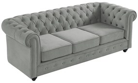 Kanapa 3-osobowa i 2 fotele CHESTERFIELD - Jasnoszary welur