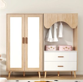 Zestaw szaf 2-częściowy - 160 x 46 x 141,5 cm - 1 szafa dwudrzwiowa + 1 szafa otwarta - z szufladami - płyta MDF - kolor naturalny + biały