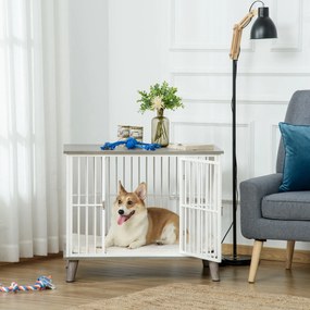 PawHut Drewniana klatka dla psa Biało-szara 86x60x70cm Elegancka i bezpieczna | Aosom PL