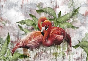 Fototapeta - Flamingi na betonowej ścianie (196x136 cm)
