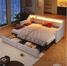 Rozkładana sofa 90 x 200 cm z USB + Type-C + LED + 2 szuflady - len + płyta MDF - beżowa