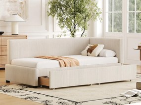 Łóżko tapicerowane 90x200cm z weluru - 2 szuflady - z stelażem na listwy - Beżowe