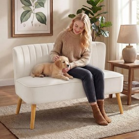 HOMCOM Sofa w stylu retro 2-osobowa, nogi drewniane, 117 cm x 56,5 cm x 77 cm, kremowo-biała | Aosom PL