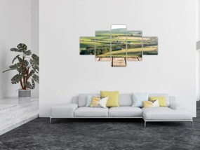 Obraz - Drewniana półka z krajobrazem (125x70 cm)