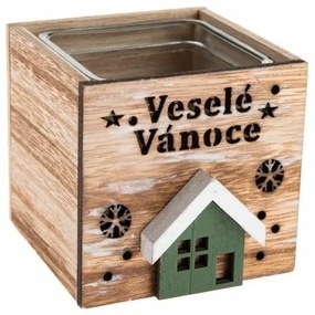 Świecznik drewniany ze szkłem Wesołych Świąt, 9 x 8,5 cm, naturalny