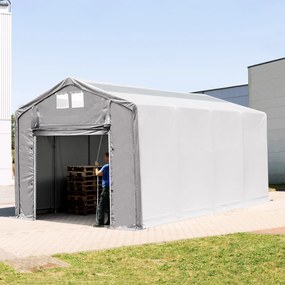TOOLPORT 4x8m Hala namiotowa - 3,0 m wysokość ścian bocznych z podciąganą do góry bramą i świetlikami dachowymi, PVC 850, szary, ze statyką (podłoże betonowe) - (94086)