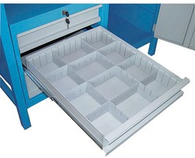 Stół warsztatowy GD, świerk + bukowa sklejka, 3 szuflady, 1 szafka, 1190 x 600 x 850 mm, niebieski