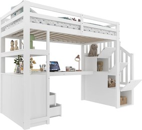Łóżko mezzanine 90x200 cm - z biurkiem i drabiną do przechowywania - Białe